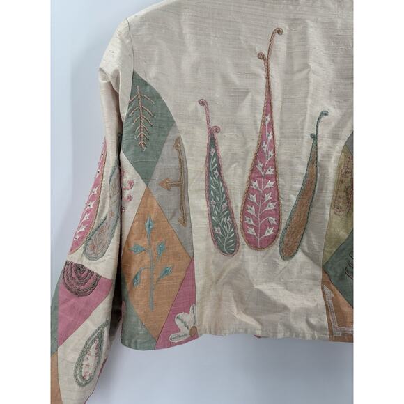 Anage Vintage Jacket Womens Large Beige Pink Green 100% Silk Embroidered Nature - Picture 11 of 16